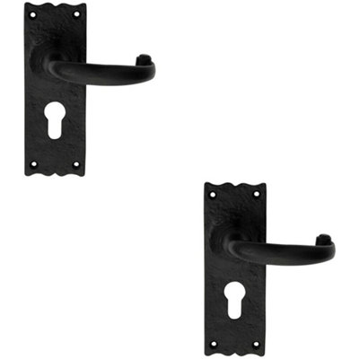  - 2X Pair Forged Curved Handle On Euro Lock Backplate 155 X 54mm Black Antique