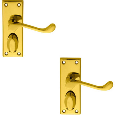 B&Q 2X Pair Victorian Scroll Handle On Privacy Backplate 118 X 43Mm Polished Brass