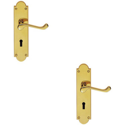  - 2X Pair Victorian Scroll Handle On Lock Backplate 205 X 49mm Polished Brass