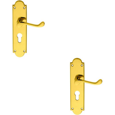 B&Q 2X Pair Victorian Scroll Lever On Euro Lock Backplate 205 X 49Mm Polished Brass