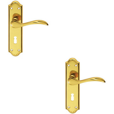 B&Q 2X Pair Curved Door Handle Lever On Lock Backplate 180 X 45Mm Polished Brass