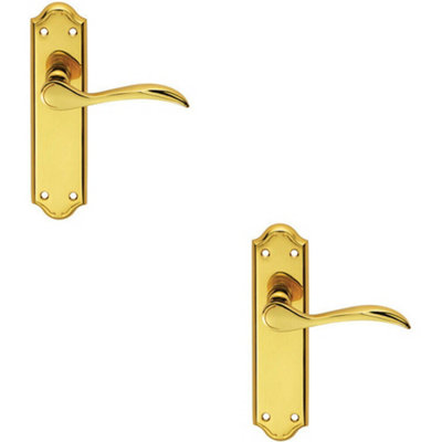 B&Q 2X Pair Curved Door Handle Lever On Latch Backplate 180 X 45Mm Polished Brass