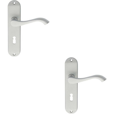 B&Q 2X Pair Curved Handle On Chamfered Lock Backplate 180 X 40Mm Satin Chrome