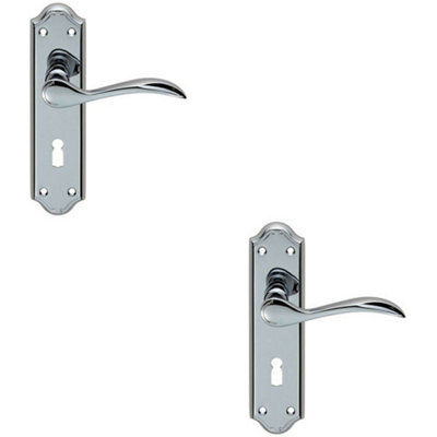  - 2X Pair Curved Door Handle Lever On Lock Backplate 180 X 45mm Polished Chrome