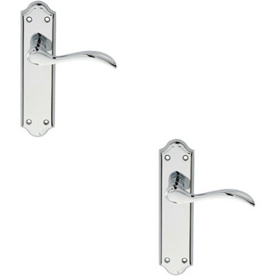 B&Q 2X Pair Curved Door Handle Lever On Latch Backplate 180 X 45Mm Polished Chrome