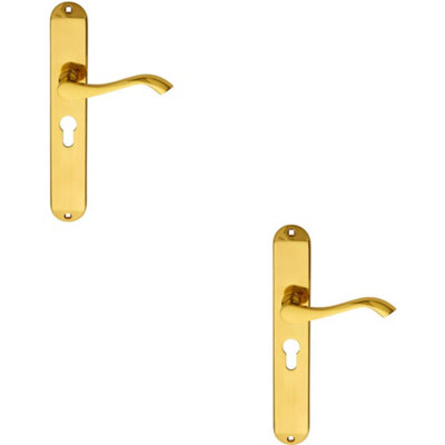 B&Q 2X Pair Curved Lever On Long Slim Euro Lock Backplate 241 X 40Mm Polished Brass - B&Q