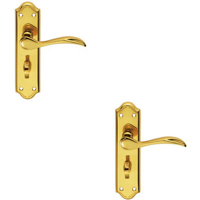  - 2X Pair Curved Door Handle Lever On Bathroom Backplate 180 X 45mm Polished Brass