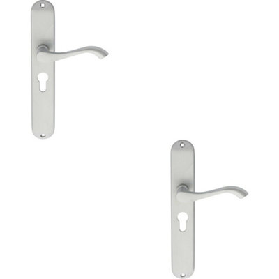  - 2X Pair Curved Handle On Long Slim Euro Lock Backplate 241 X 40mm Satin Chrome