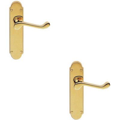 B&Q 2X Pair Victorian Upturned Handle On Latch Backplate 170 X 42Mm Stainless Brass