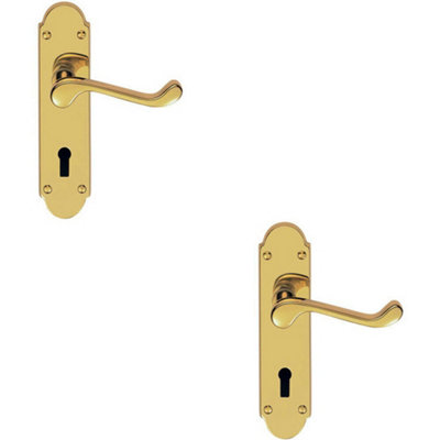 B&Q 2X Pair Victorian Upturned Handle On Lock Backplate 170 X 42Mm Stainless Brass