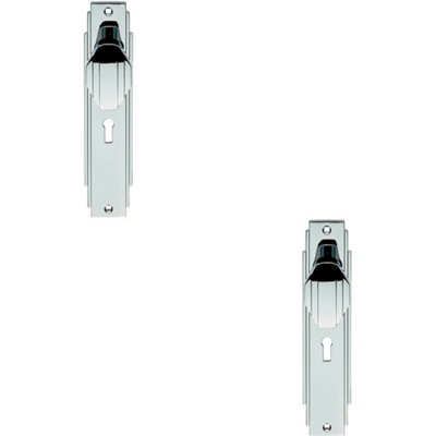 B&Q 2X Pair Line Detailed Door Knob On Lock Backplate 205 X 45Mm Polished Chrome