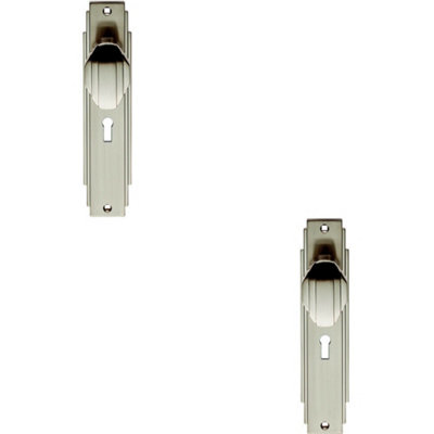 B&Q 2X Pair Line Detailed Door Knob On Lock Backplate 205 X 45Mm Satin Nickel