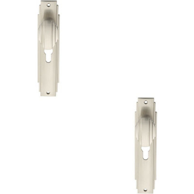 B&Q 2X Pair Line Detailed Door Knob On Euro Lock Backplate 205 X 45Mm Satin Nickel