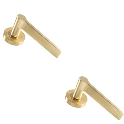 2X Pair Straight Rounded Handle On Round Rose Concealed Fix Satin Brass from B&Q
