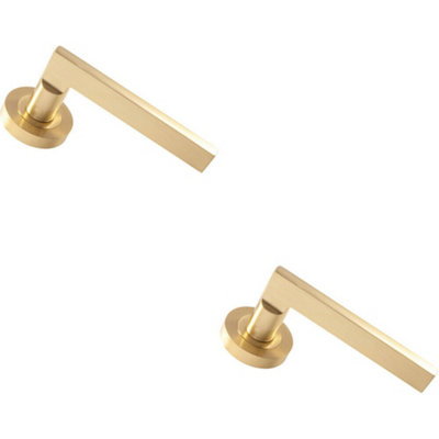 2X Pair Straight Plinth Mounted Handle On Round Rose Concealed Fix Satin Brass from B&Q