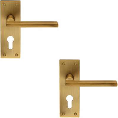  - 2X Pair Straight Bar Lever On Slim Euro Lock Backplate 150 X 50mm Antique Brass