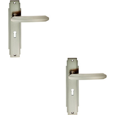  - 2X Pair Line Detailed Handle On Lock Backplate 205 X 45mm Satin Nickel
