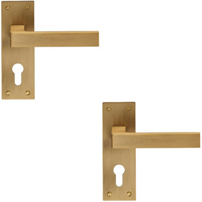 B&Q 2X Pair Straight Square Handle On Euro Lock Backplate 150 X 50Mm Antique Brass