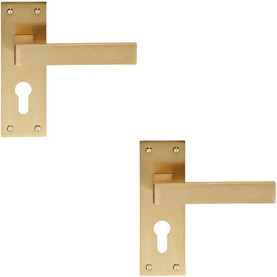  - 2X Pair Straight Square Handle On Euro Lock Backplate 150 X 50mm Satin Brass