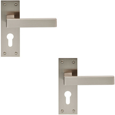 B&Q 2X Pair Straight Square Handle On Euro Lock Backplate 150 X 50Mm Satin Nickel