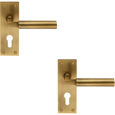 B&Q 2X Pair Round Bar Handle On Slim Euro Lock Backplate 150 X 50Mm Antique Brass