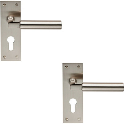  - 2X Pair Round Bar Handle On Slim Euro Lock Backplate 150 X 50mm Satin Nickel