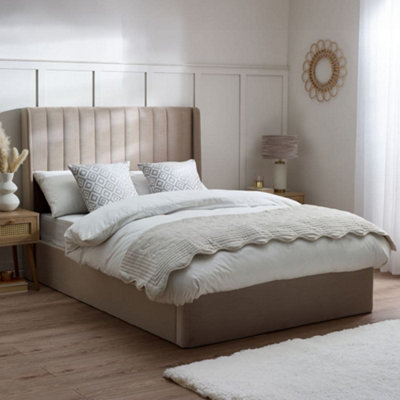 Harper Warm Stone Velvet Winged Ottoman Storage Bed Frame4Ft6 Double from B&Q