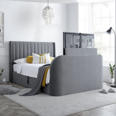 Luther Grey Velvet Ottoman Winged Electric Media Tv Bed Frame6Ft Super King Size from B&Q