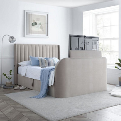 Luther Warm Stone Velvet Winged Ottoman Electric Media Tv Bed Frame6Ft Super King Size from B&Q