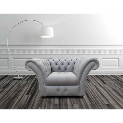 Chesterfield Club Chair Buttoned Seat Shelly Silver Grey Real Leather In Balmoral Style from B&Q