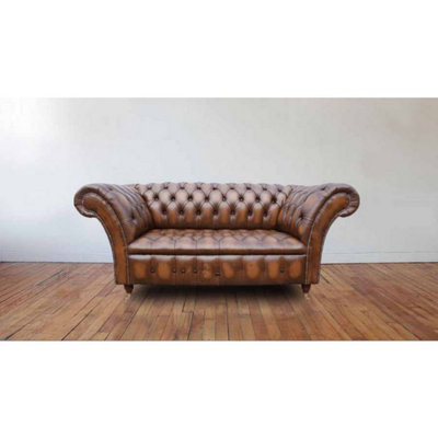 Chesterfield 2 Seater Antique Tan Leather Button Seat Sofa Settee In Balmoral Style from B&Q