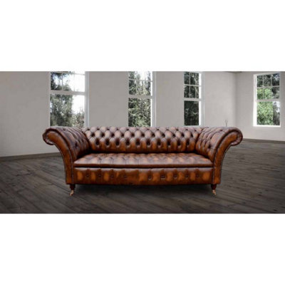 Chesterfield 3 Seater Antique Tan Leather Button Seat Sofa Settee In Balmoral Style from B&Q