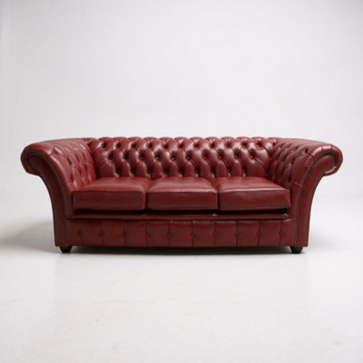 Chesterfield 3 Seater Old English Burgandy Leather Sofa Settee In Balmoral Style from B&Q