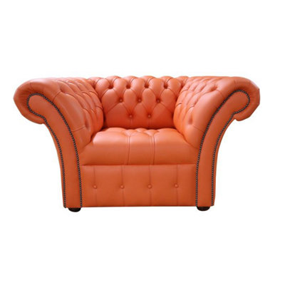 Chesterfield Club Chair Buttoned Seat Flamenco Orange Leather In Balmoral Style from B&Q