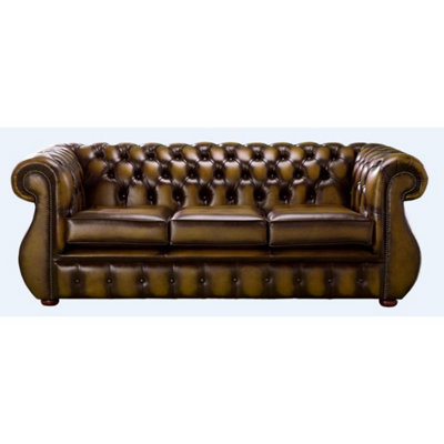 Chesterfield 3 Seater Antique Gold Leather Sofa Bespoke In Kimberley Style from B&Q