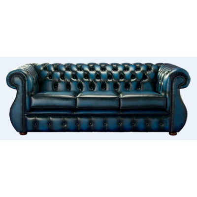 Chesterfield 3 Seater Antique Blue Leather Sofa Bespoke In Kimberley Style from B&Q