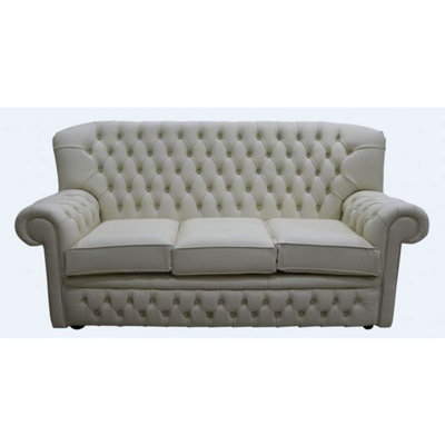 Chesterfield 3 Seater Cottonseed Cream Leather Sofa Bespoke In Monks Style from B&Q