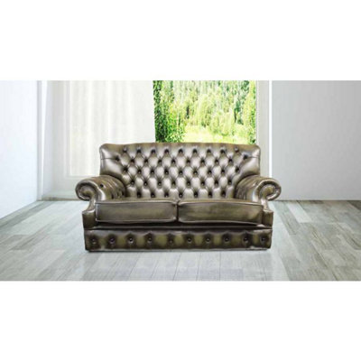 Chesterfield 2 Seater Antique Green Leather Sofa Bespoke In Monks Style from B&Q