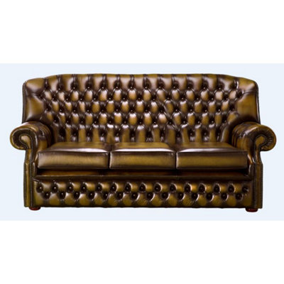 Chesterfield 3 Seater Antique Gold Leather Sofa Bespoke In Monks Style from B&Q