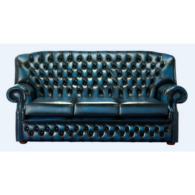 Chesterfield 3 Seater Antique Blue Leather Sofa Bespoke In Monks Style from B&Q
