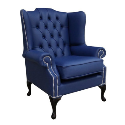 Chesterfield High Back Wing Chair Shelly Bilberry Blue Leather In Mallory Style from B&Q