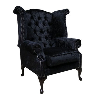 Chesterfield High Back Wing Chair Shimmer Black Real Velvet Bespoke In Queen Anne Style from B&Q