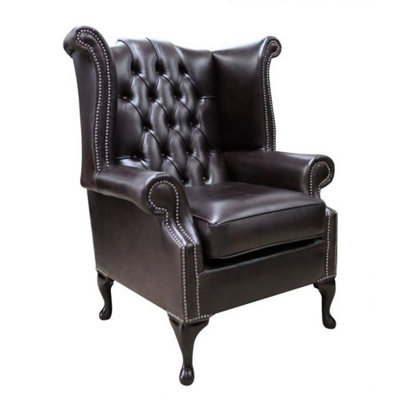 Chesterfield High Back Wing Chair Old English Smoke Leather In Queen Anne Style from B&Q
