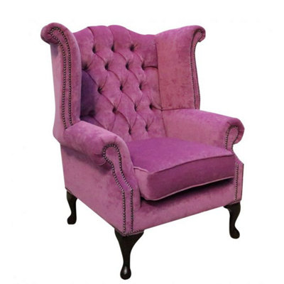 Chesterfield High Back Wing Chair Pimlico Lilac Fabric Bespoke In Queen Anne Style from B&Q