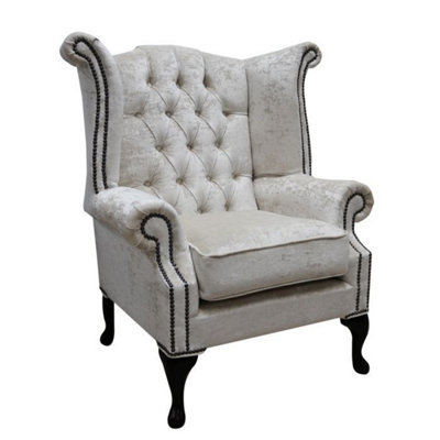 Chesterfield High Back Wing Chair Modena Oyster Velvet Fabric In Queen Anne Style from B&Q