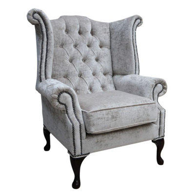 Chesterfield High Back Wing Chair Modena Hessian Velvet Fabric In Queen Anne Style from B&Q