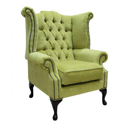 Chesterfield High Back Wing Chair Pimlico Zest Green Fabric Bespoke In Queen Anne Style from B&Q