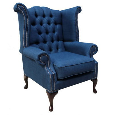 Chesterfield High Back Chair Charles Midnight Blue Linen Fabric In Queen Anne Style from B&Q