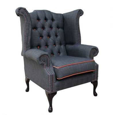 Chesterfield High Back Chair Charles Charcoal Orange Trim Linen Fabric In Queen Anne Style from B&Q
