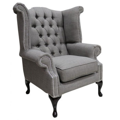 Chesterfield High Back Wing Chair Charles Slate Real Linen Fabric In Queen Anne Style from B&Q
